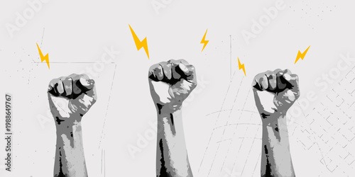 Three fists raised in solidarity with lightning bolts above them