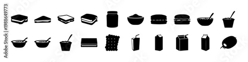 Black kitchen food and container silhouette icons - Set of black silhouettes featuring food containers, bowls, drinks and packaged items arranged in rows on a white background.