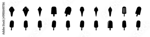 Black ice cream and popsicle silhouette icons - Collection of black silhouettes featuring ice cream cones, popsicles and frozen treats arranged in rows on a white background.