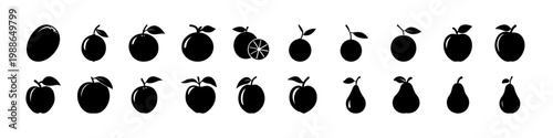 Black apple and pear silhouette icon set - Set of black silhouettes featuring apples and pears in various shapes and styles arranged in rows on a white background.