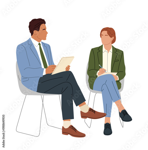 Two professionals sit, facing each other. One holds a tablet, the other a notepad. Both dressed in business attire, focused and calm. They engage in a thoughtful conversation. Ideal for job interviews