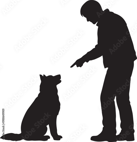 Silhouette of a Man Training a Dog with Hand Signal Command on White Background