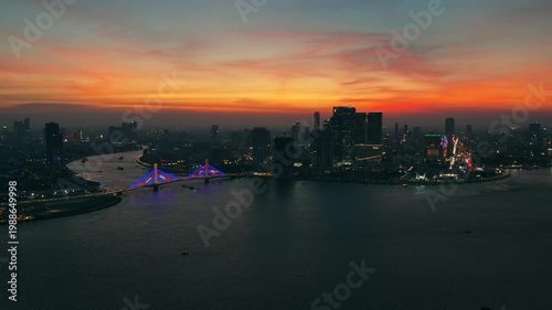 A view of Phnom Penh, Cambodia, beside the Mekong River at sunset