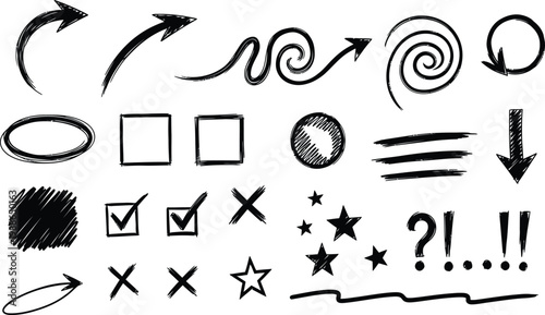 Collection of hand drawn sketch elements arrows shapes and symbols