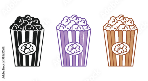 Colorful illustration of three popcorn buckets in black, purple, and orange