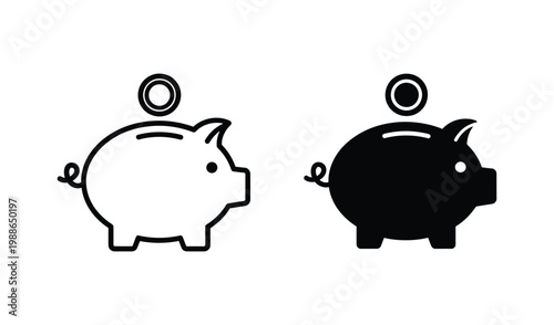 Black and white piggy bank icons with coins on top for saving money and finance