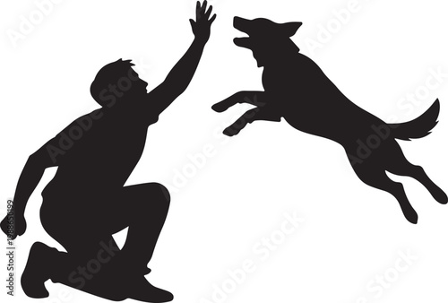 Silhouette of a Man Training and Playing High Five with His Dog Against a White Background