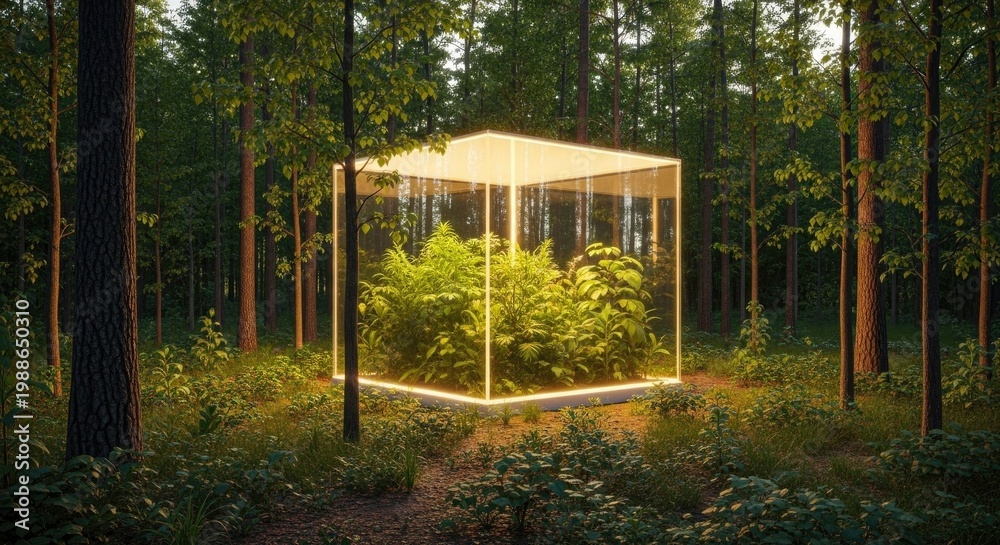 Fototapeta premium “A glowing glass room in a once-damaged forest now regenerating, new plants growing vibrantly, soft golden light inside the room symbolizing hope, restoration, and commitment to protecting nature.”
