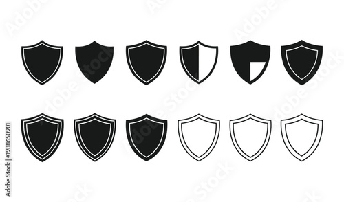 Collection of various shield icons in different styles and colors
