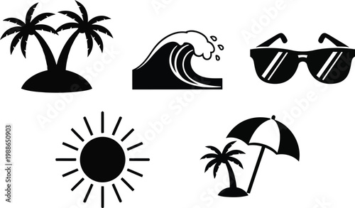 A collection of black silhouette icons representing tropical vacation elements