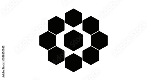 Vector illustration of geometric pattern of black hexagons arranged in a circular floral shape on a transparent background