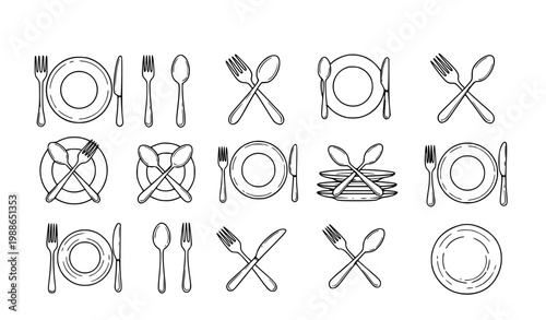 cutlery, fork, spoon, plate, icon, icons, set, outline, lineart, thin, minimal, vector, restaurant, dining, dinner, food, utensil, kitchen, cafe, menu, symbol, sign, table, service, ui, web, app, inte