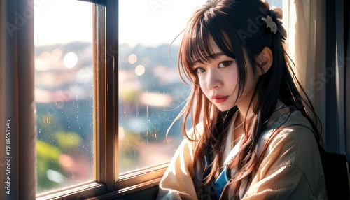 Serene Anime Girl Gazing Out Window with Soft Sunlight. Free Download Serene Anime Girl Gazing Out Window with Soft Sunlight. - GFXLoad