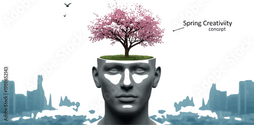 Vibrant cherry blossom tree growing from an open human head represents the powerful connection between mental health and the natural beauty of the spring season