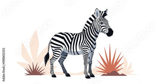 Stylized illustration of a zebra standing in a field with tall desert plants and sand dunes under a clear white sky.