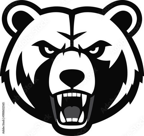 Aggressive grizzly bear head mascot logo with angry expression and sharp teeth, black and white sports team emblem isolated on a clean white background.