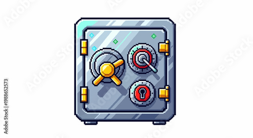 Illustration of a secure metal safe with a combination lock.