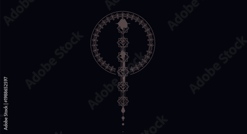 Golden seven chakras energy alignment symbol featuring intricate sacred geometry design elements glowing brightly against a dark minimalist background to represent spiritual balance and human healing