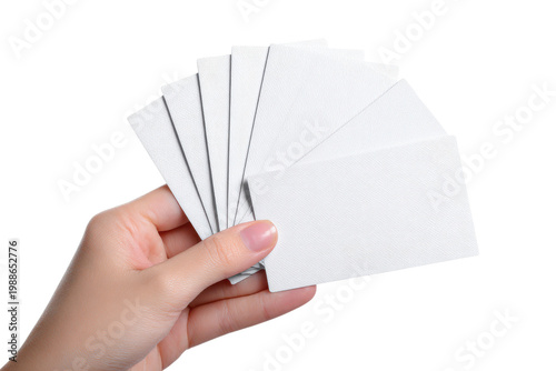 Hand holding blank white textured business cards fanned out against black background image, Isolated On Transparent Background, Png Cut Out