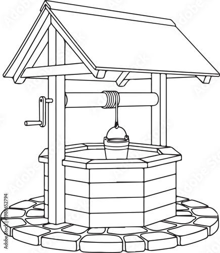 A classic wooden wishing well with a bucket suspended by a rope and crank