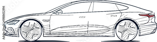 Elegant side profile view of a modern luxury sedan vehicle displayed through a detailed artistic sketch with subtle lighting highlights on a neutral gray background