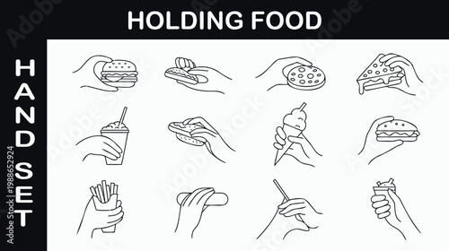 Hands Holding Fast Food Editable Outline Vector Illustration Bundle Food Line Icons Set