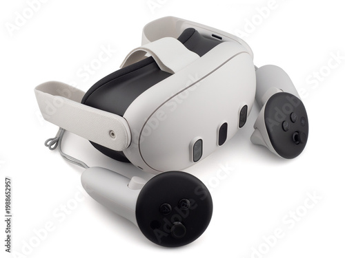 Virtual reality headset with controllers on white background