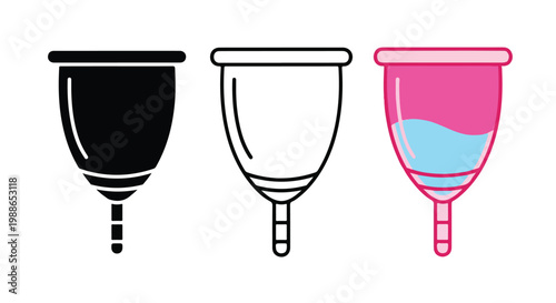 Three menstrual cups in different colors on a white background for feminine hygiene