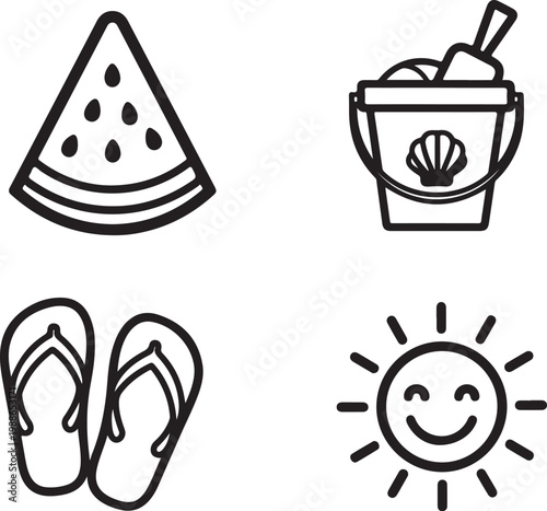 Collection of summer vacation icons including watermelon slice beach bucket flipflops and sun