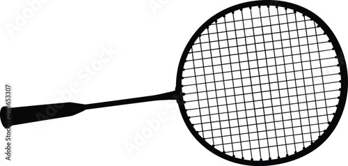 Black silhouette of a professional badminton racket isolated on white background, flat vector illustration of sports equipment for competition and recreational play.