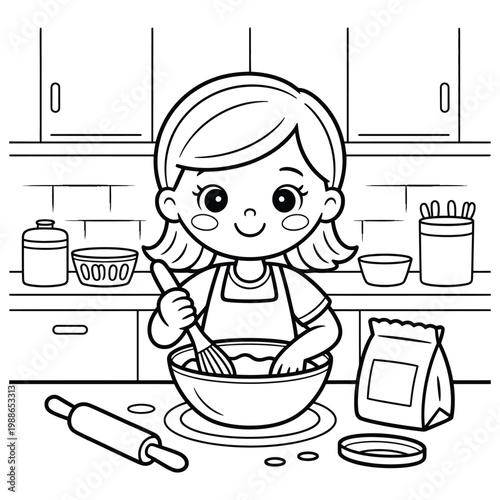 A cheerful young girl happily bakes in a kitchen a delightful coloring page silhouette