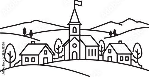 Linear drawing of a village with a church and surrounding hillsides