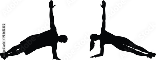 Two individuals demonstrating the downward dog yoga pose in contrasting stances.