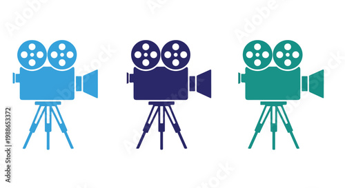 Three colorful film cameras on tripods for video production and filmmaking