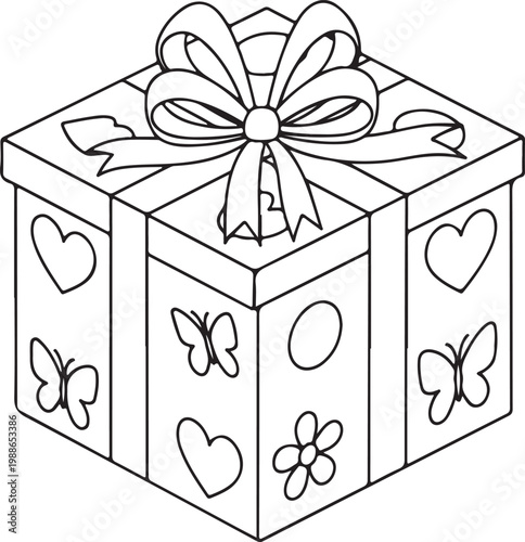Isometric gift box with decorative hearts butterflies and flowers isolated on transparent background
