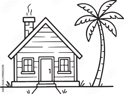 Simple handdrawn line art illustration of a small wooden cabin with a smoking chimney and a palm tree