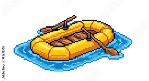 Yellow inflatable raft with oars on water.