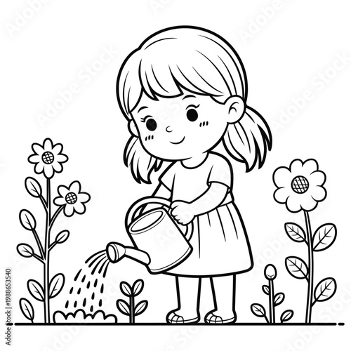 A young girl cheerfully waters flowers in a garden depicted in a charming silhouette