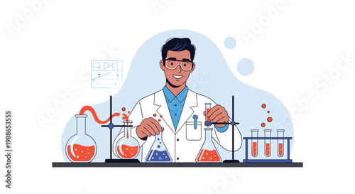 Professional male scientist conducts chemical experiments in a laboratory filled with colorful glass flasks and tubes.