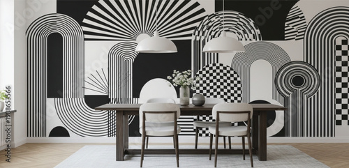 Black and White Geometric Wall Mural with Abstract Arches Sunbursts and Checkered Patterns for Modern Living Room Interior Design and Minimalist Home Decor
