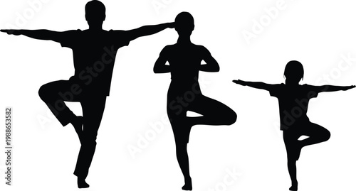 Three yoga poses demonstrating tree variations with arms extended outward