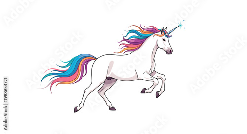 Elegant white unicorn with a vibrant rainbow colored mane and tail is depicted galloping fast through an empty space.