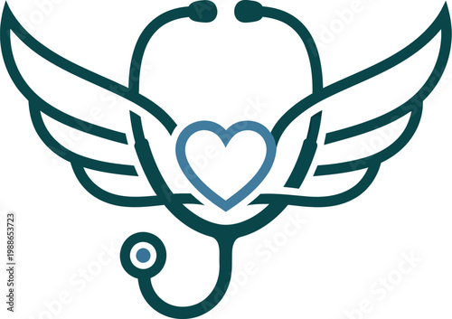 Medical stethoscope logo design featuring integrated wings and a central heart shape symbolizing care wellness health and professional clinical services for doctors and modern hospitals