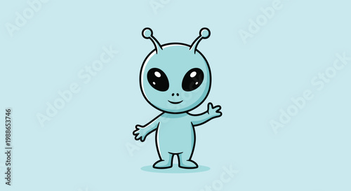 Charming little green alien with large black eyes waves its hand in a friendly greeting on a light blue background.