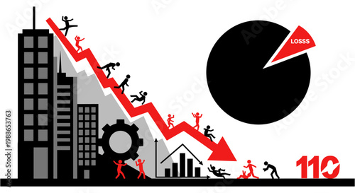 Recession crisis graph with falling people and buildings in black and white color scheme for business finance