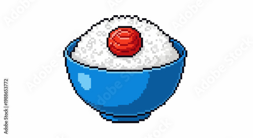 Pixel art bowl of rice with pickled plum topping.