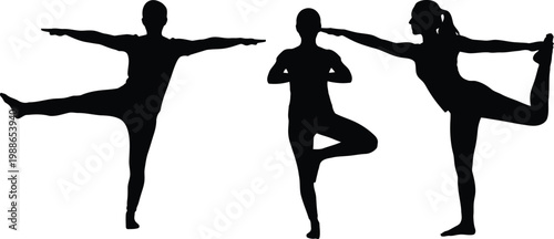 Three yoga poses showcasing balance and flexibility in a simple silhouette style.