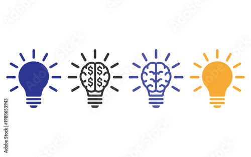 Colorful light bulb icons representing ideas, innovation, and financial success on white background for business concepts