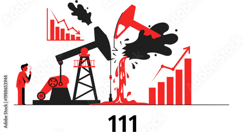 Oil pump jack in abstract business finance setting with red and black colors in modern graphic format for economics
