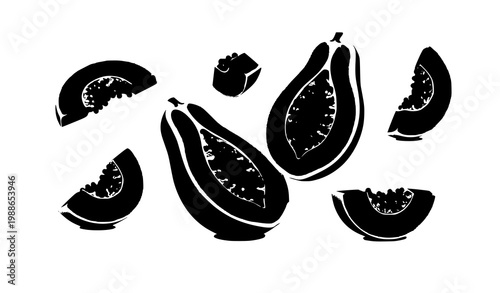 Realistic papaya slices vector with whole fruit and pieces in dynamic 3D mesh style isolated on white background